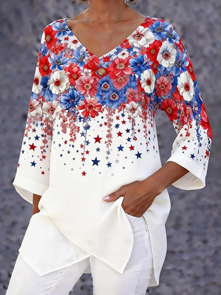 V Neck Short Sleeve Floral Regular Loose Shirt For Women