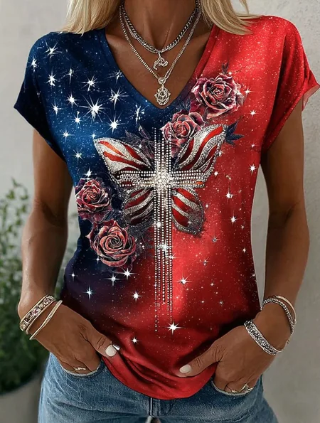 Casual Floral V Neck Short Sleeve T-shirt