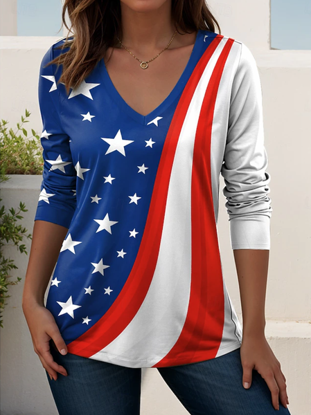 

Elegant Striped V Neck Long Sleeve T-shirt, Color2, T-shirts