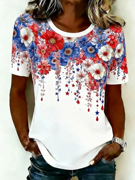 Casual Floral Printing Crew Neck Short Sleeve T-shirt