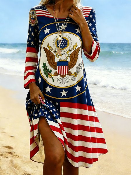 Women America Flag Spring/Fall Dress Crew Neck Long Sleeve Fit & Flare Dress A-Line Dress