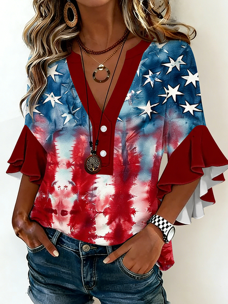 

V Neck Half Sleeve Ombre Regular Loose Shirt For Women, Blue, Blouses