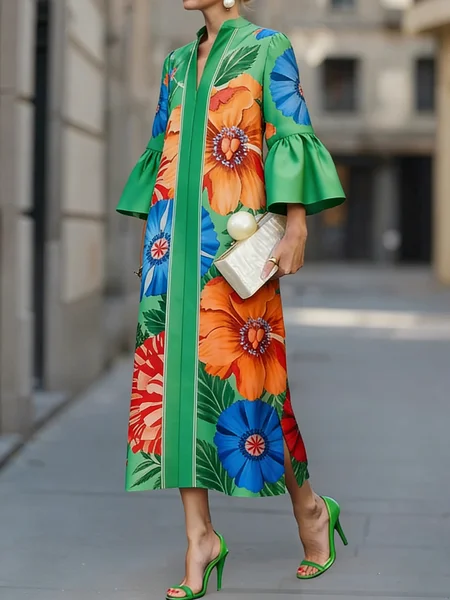 Elegant Floral Bell Sleeve Printing V Neck Midi Dress