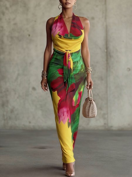 

Elegant Floral Printing V Neck Maxi Dress, As picture, Maxi Dresses