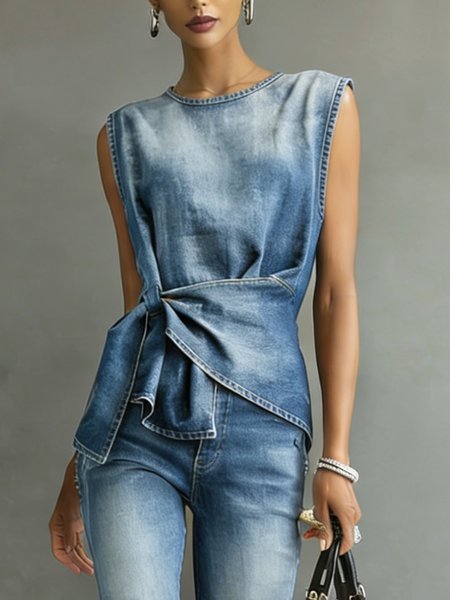 Denim Casual Plain Knot Front Crew Neck  Top