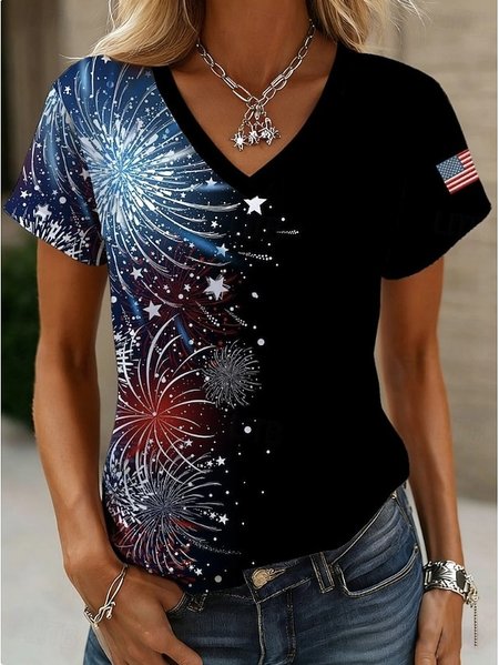 Casual Gradient Pattern V Neck Short Sleeve T-shirt