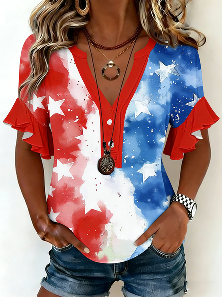 

V Neck Half Sleeve Ombre Regular Loose Shirt For Women, Blue, Blouses