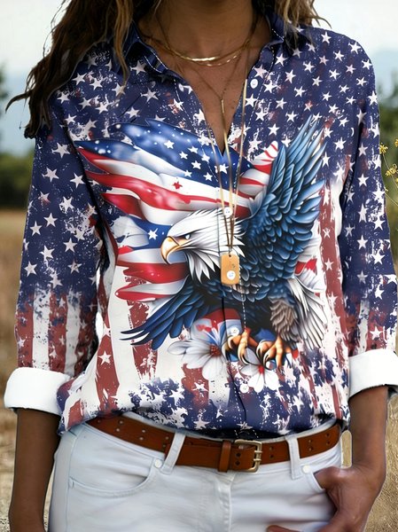 Shawl Collar Long Sleeve 3D Printing Regular Micro-Elasticity Regular Fit Shirt For Women