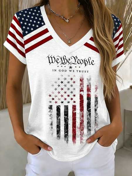 Casual Gradient Pattern V Neck Short Sleeve T-shirt