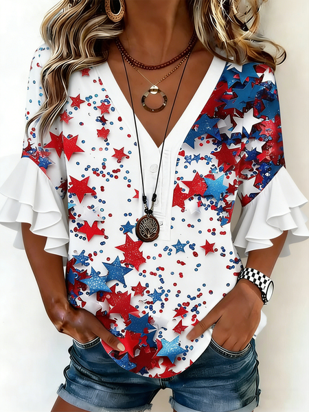 

V Neck Half Sleeve Ombre Regular Loose Shirt For Women, White, Blouses