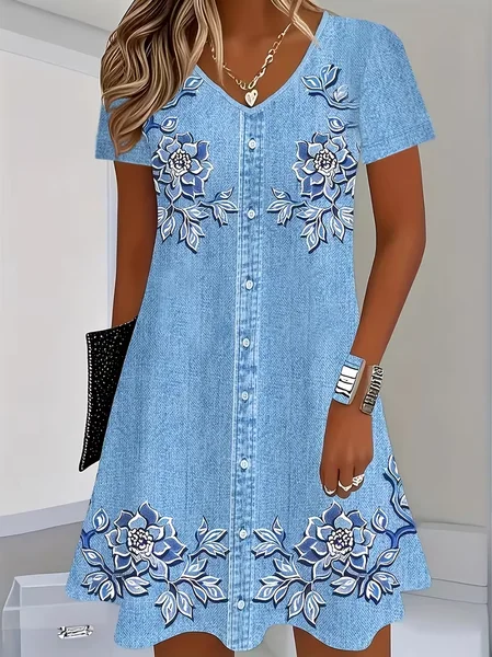 Women Floral Summer Printing Dress V Neck Short Sleeve T-Shirt Dress H-Line Dress