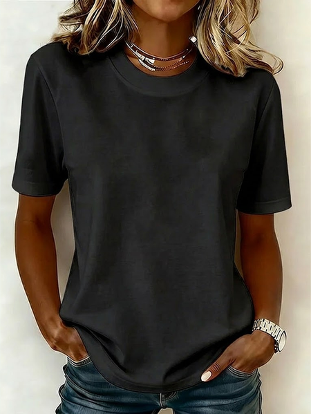 

Casual Plain Crew Neck Short Sleeve T-shirt, Black, T-shirts