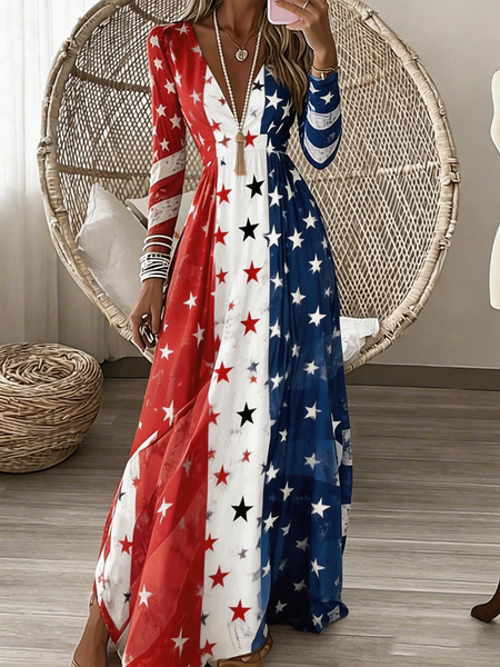 Women Striped Spring/Fall Dress V Neck Long Sleeve A-Line Dress