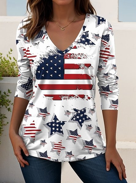 

Elegant Striped V Neck Long Sleeve T-shirt, White, T-shirts