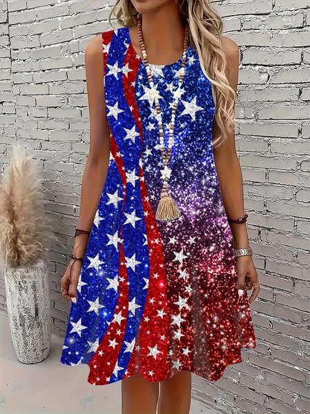 Women America Flag Summer Dress Crew Neck Sleeveless Tank A-Line Dress
