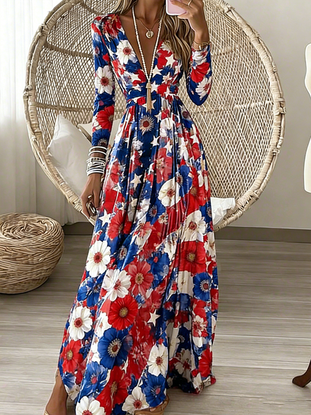 Women Geometric Spring/Fall Dress V Neck Long Sleeve A-Line Dress