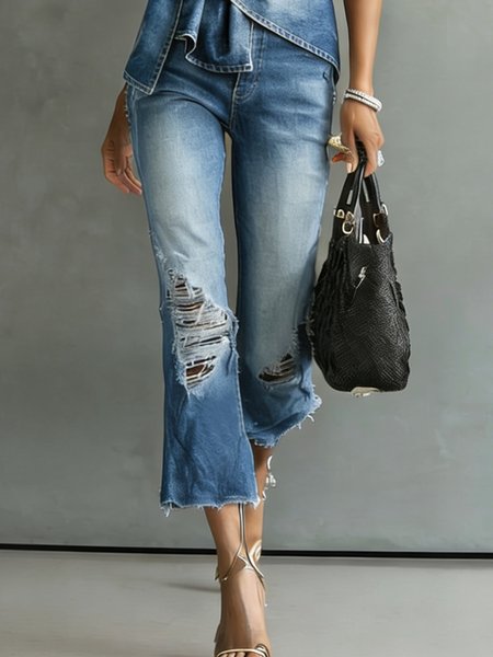 

Ripped Denim Plain Casual Jeans, Blue, Jeans