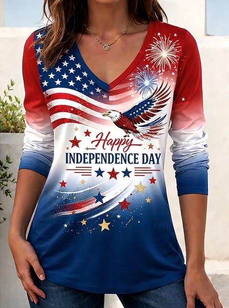 

Elegant Striped V Neck Long Sleeve T-shirt, Blue, T-shirts