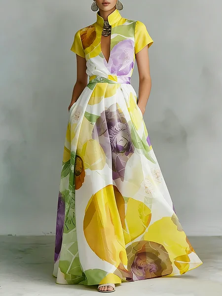 

Vacation Floral Printing Stand Collar Maxi Dress, As picture, Maxi Dresses
