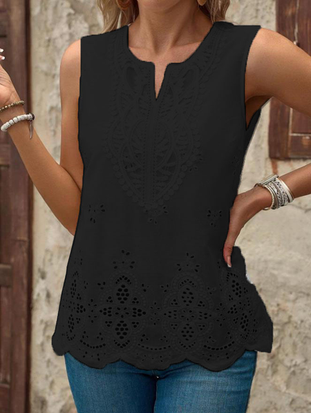Casual Embroidery Patterns V Neck Sleeveless T-shirt