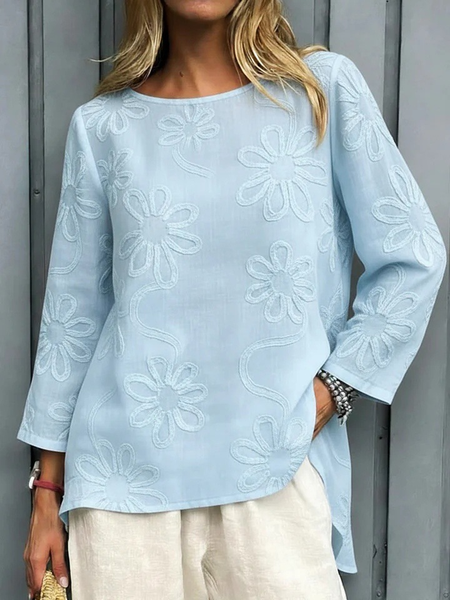 Crew Neck Long Sleeve Embroidery Patterns Lightweight Regular Fit Blouse For Women