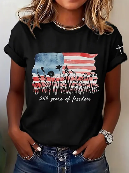 

Women Independence Day (Flag) Short Sleeve Tee T-shirt Crew Neck Printing Casual Graphic Tee Summer Top, Black, T-Shirts