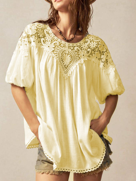 Crew Neck Short Sleeve Plain Regular Loose Blouse For Women