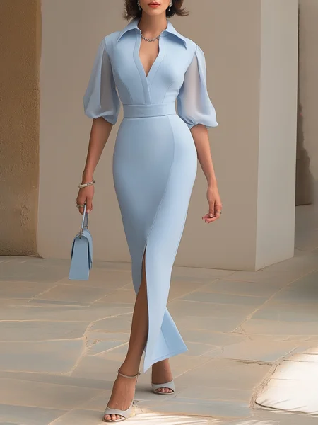 

Elegant Plain Puff Sleeve Slit Shawl Collar Maxi Dress, Blue, Maxi Dresses