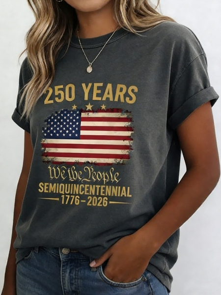 

America 250 Years Anniversary Printing Crew Neck Short Sleeve T-shirt, Dark grey-flecking gray, T-shirts