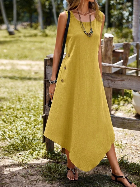 

Women Plain Summer Dress Crew Neck Sleeveless Fit & Flare Dress A-Line Dress, Yellow, Dresses