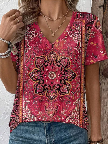 Vintage Ethnic V Neck Short Sleeve T-shirt