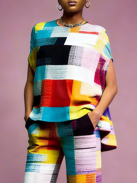 

Urban Colorblock Printing Crew Neck Blouse, As picture, Blouses and Shirts
