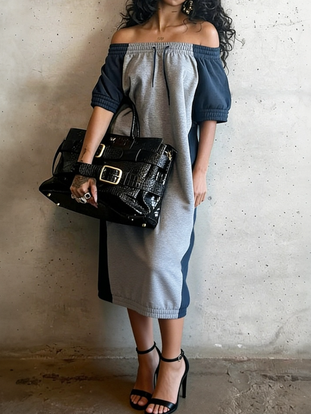 

Casual Color Block Cold Shoulder Midi Dress, As picture, Midi Dresses