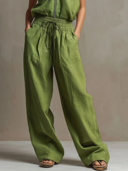 

Cotton Casual Plain Pockets Wide Leg Pants, Green, Pants