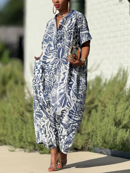 

Casual Printing Random Print Crew Neck Jumpsuit, Blue, Jumpsuits