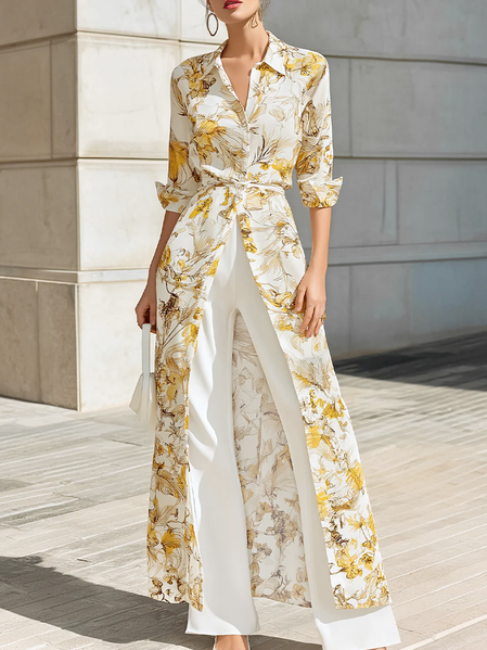 

Casual Buttoned Floral Shirt Collar Kimono, Yellow, Kimonos