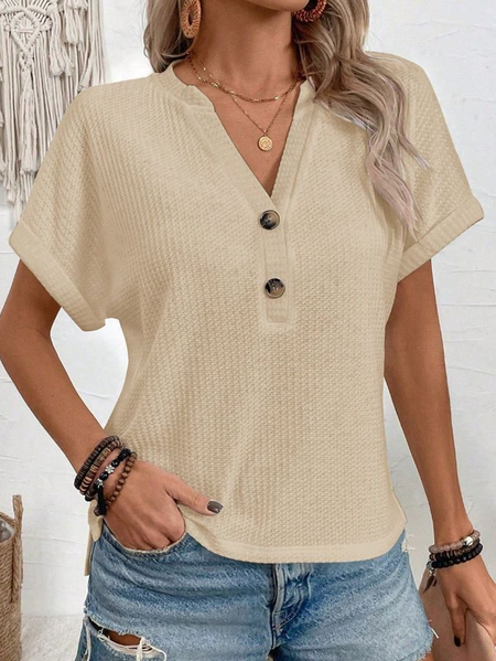 

Elegant Plain V Neck Short Sleeve T-shirt, Apricot, T-shirts