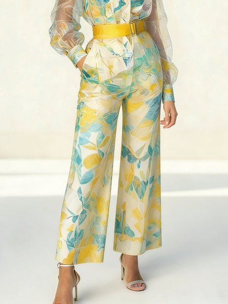 

Urban Tropical Printing Straight Pants With Belt, As picture, Pants