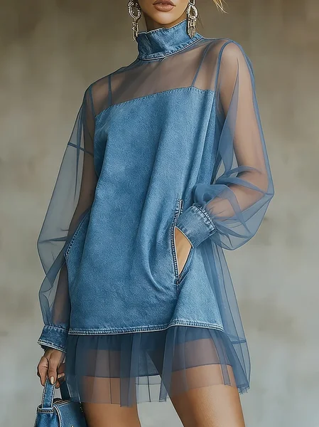 Urban Plain Balloon Sleeve Split Joint Mock Neck Denim Mini Dress