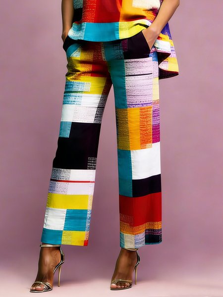 

Urban Colorblock Printing Straight Pants, As picture, Pants