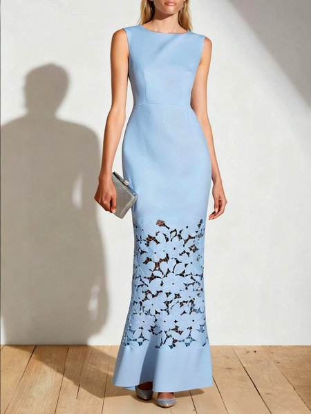 

Elegant Plain Lace Crew Neck Maxi Dress, Blue, Cocktail Dresses