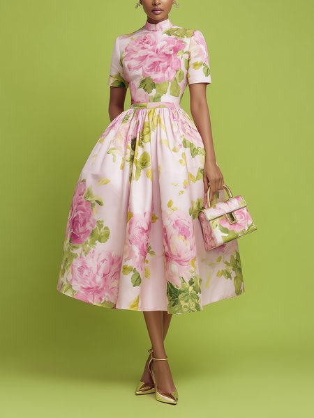 Elegant Floral Printing Mock Neck Midi Dress