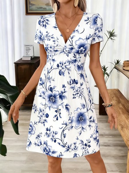 Women Floral Summer Dress V Neck Short Sleeve Fit & Flare Dress A-Line Dress