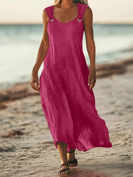 Women Plain Summer Dress V Neck Sleeveless H-Line Dress