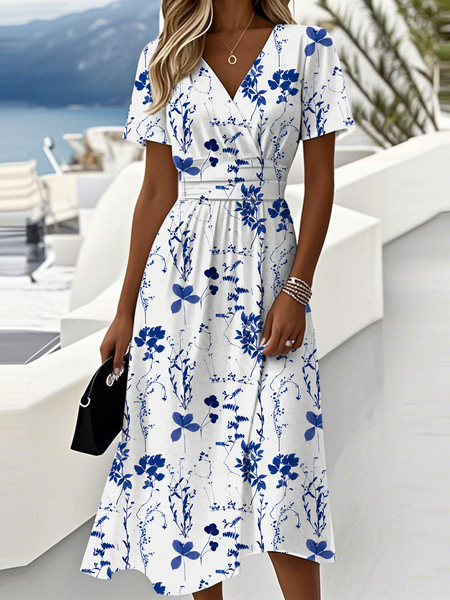 Women Striped Summer Dress V Neck Short Sleeve Beach Dress A-Line Dress