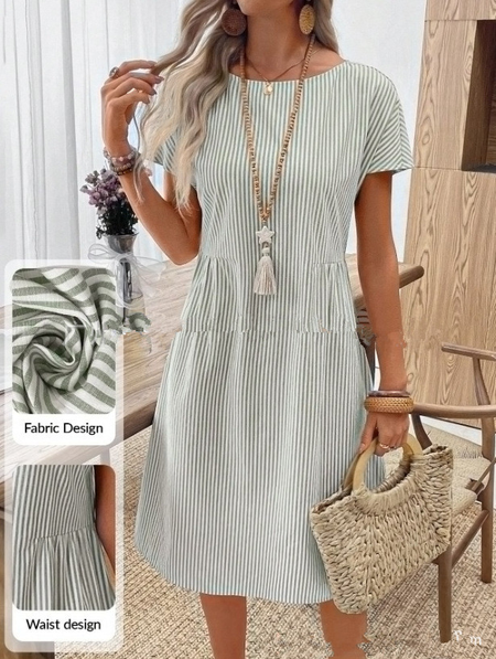 Women Striped Summer Dress Crew Neck Short Sleeve Fit & Flare Dress A-Line Dress
