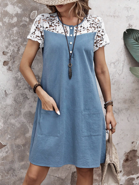 Women Plain Summer Dress Crew Neck Short Sleeve Fit & Flare Dress A-Line Dress