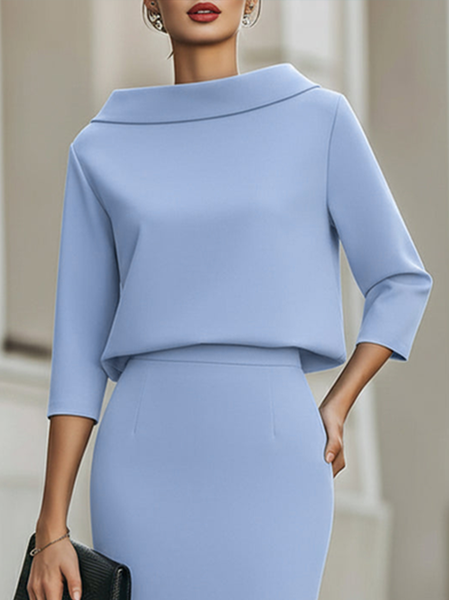 

Elegant Plain Shawl Collar Blouse, Blue, Blouses and Shirts