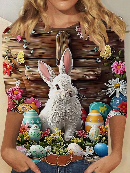 Vintage Floral Crew Neck Three Quarter Sleeve T-shirt