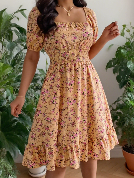 Women Floral Summer Dress Square Neck Short Sleeve Fit & Flare Dress A-Line Dress